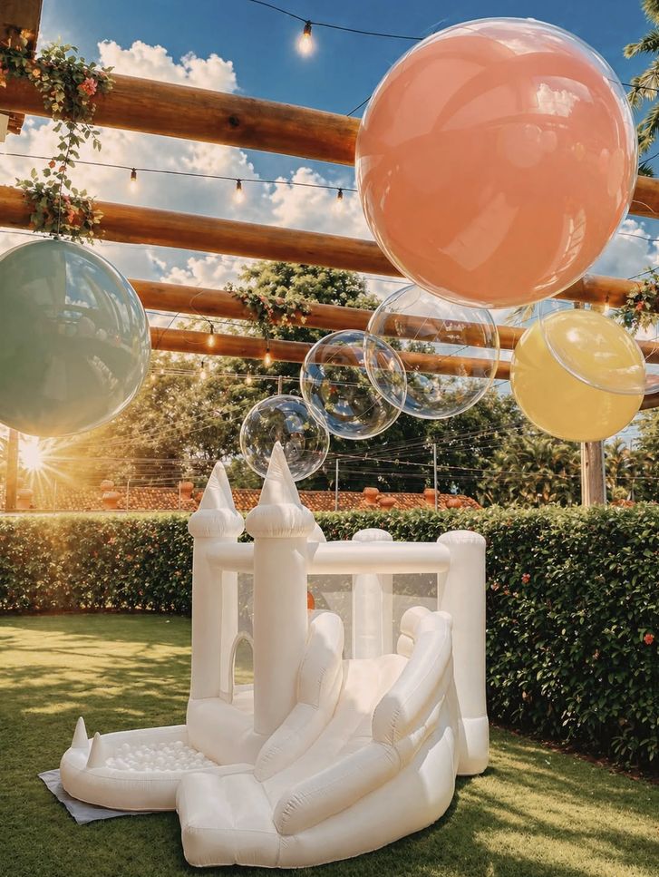 Castelo inflável branco com torres de chapéu e escorregador, sob balões gigantes pastel