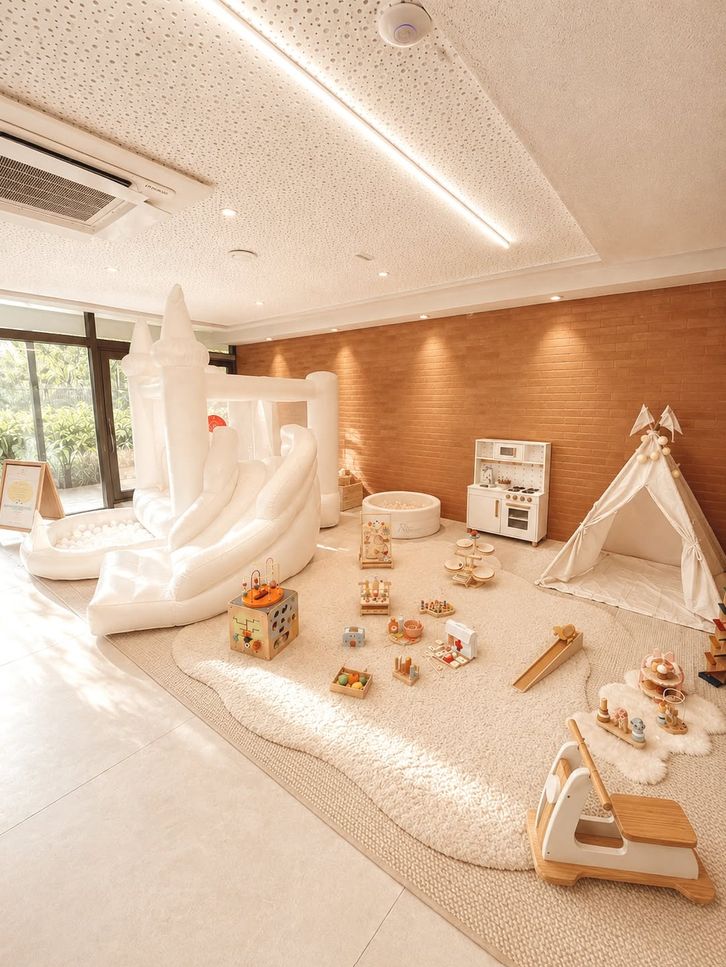 Salão com castelo inflável branco, cozinhinha, cabana e brinquedos de madeira sobre tapete